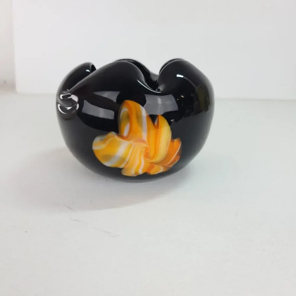 Handblown Studio Art Glass Black Amethyst Yellow Orange Amoeba Dish Bowl 5.5